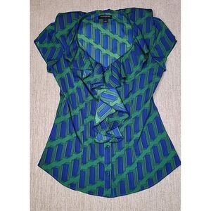 Banana Republic Size XS Blouse Green & Blue Ruffle Button Front Short Sleeve